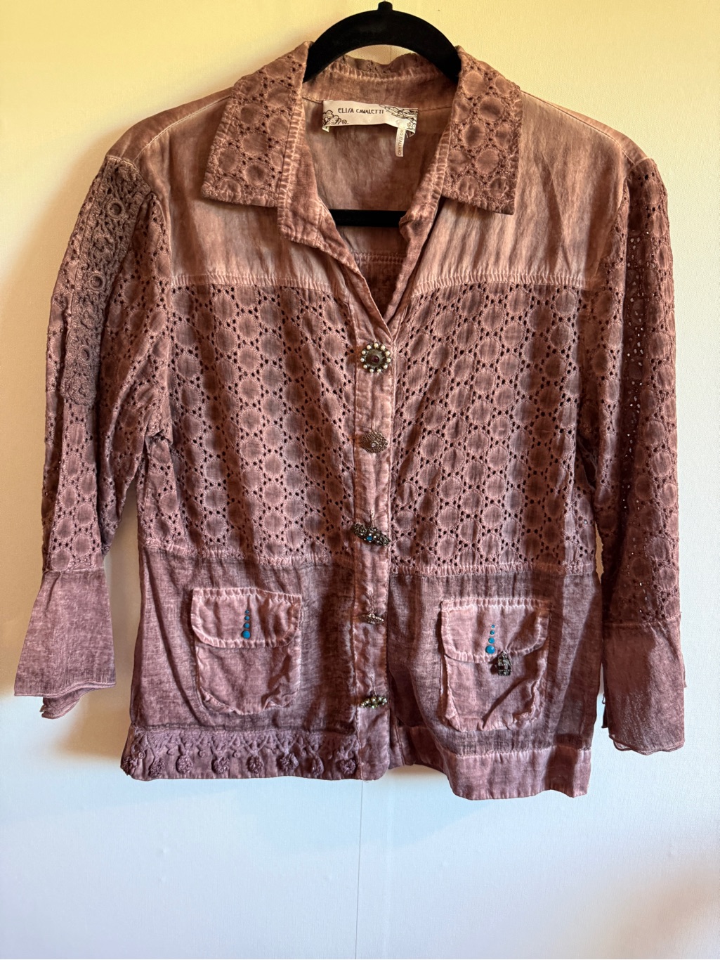 Elisa Cavaletti Made In Italy Embroidered Eyelet Cotton Jacket Shirt Medium